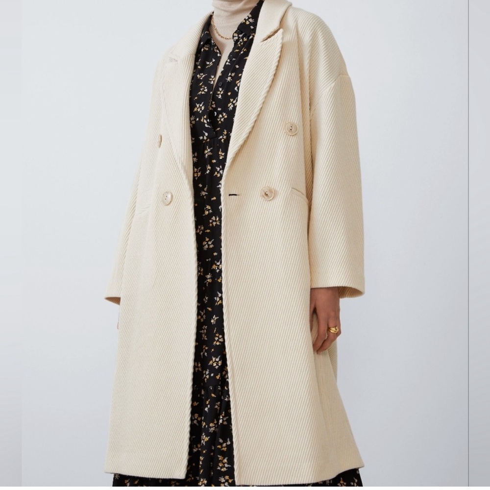 NWT ZARA Cream Rib Textured Double Breasted Peak Lapel Coat